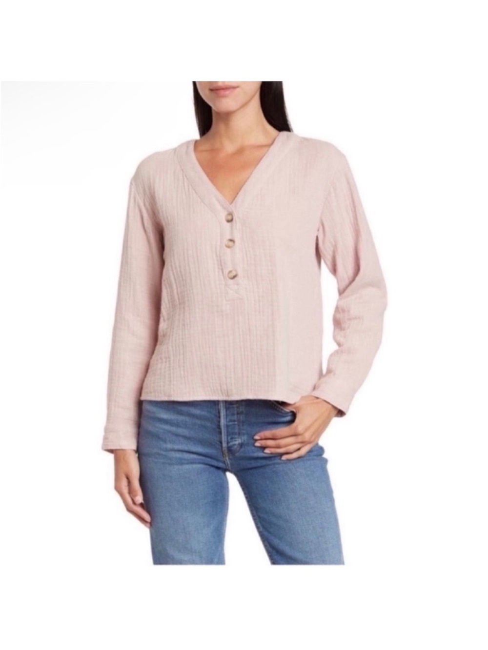 Madewell Gauze Muslin Top/Shirt/Blouse Sz M Pink V neck Long Sleeves
